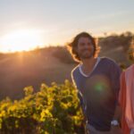 Couple walking through vineyard at sunset